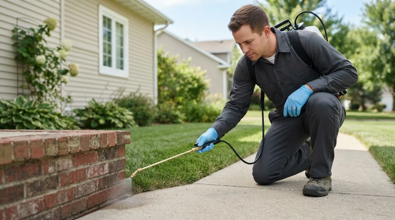 Pest control technician treating a home near Canute, OK
