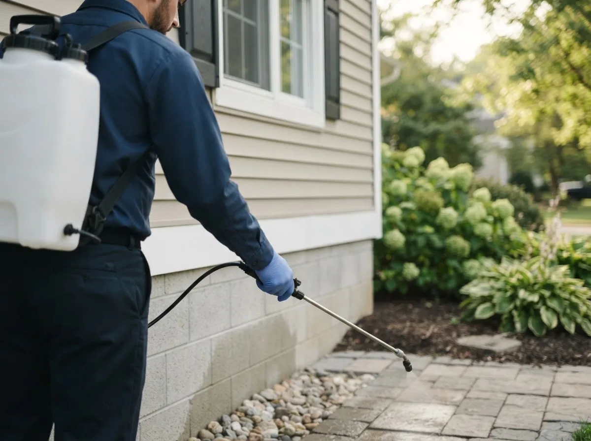 Pest control technician inspecting a home in Canute, OK